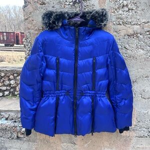 Miss Sixty Y2K Vintage Royal Blue Downfill Faux Fur Hooded Puffer Jacket Large